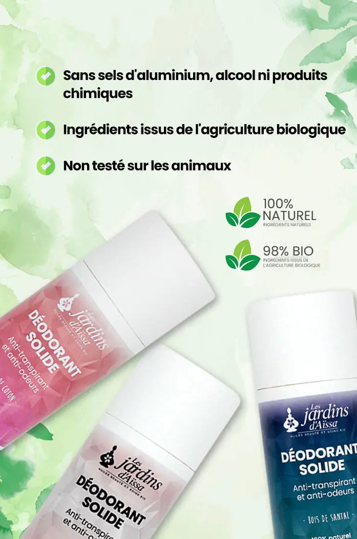 Déodorant solide bio efficace naturel anti-transpirant et anti-odeurs aux multiples bienfaits pour homme et femme nature