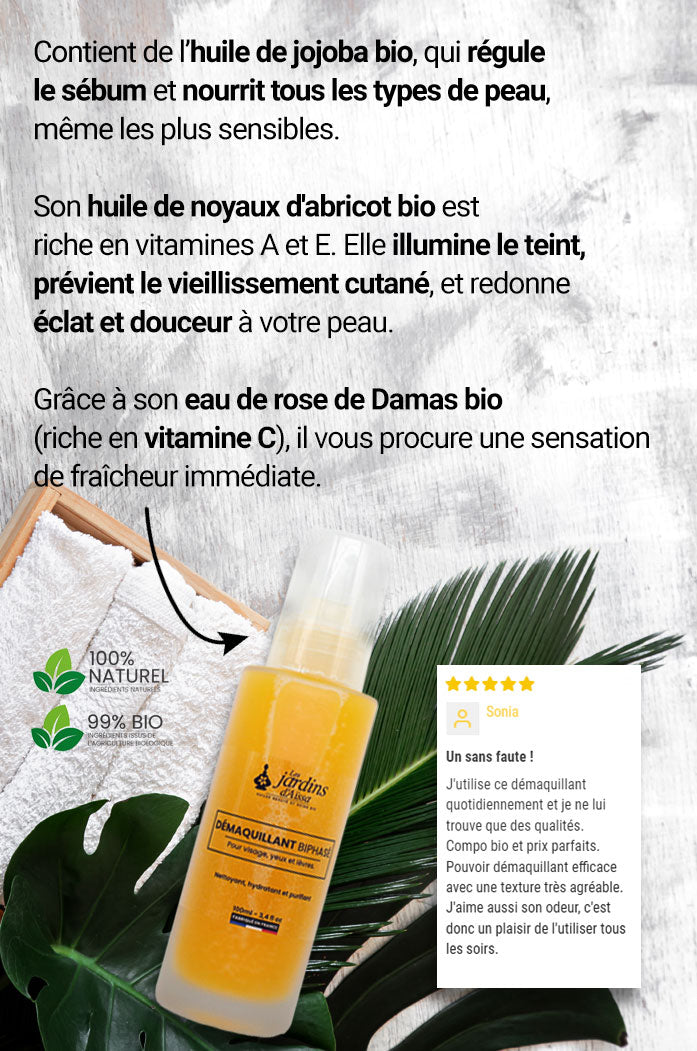 Soin démaquillant biphasé pour visage, yeux et lèvres 100% Bio - 100 ml - lesjardinsdaissa.com 4