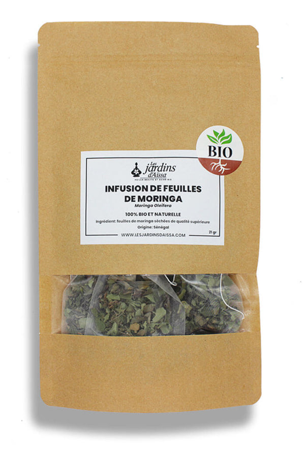 infusion de feuilles de moringa bio et naturelle photo du sachet les jardins d'aissa