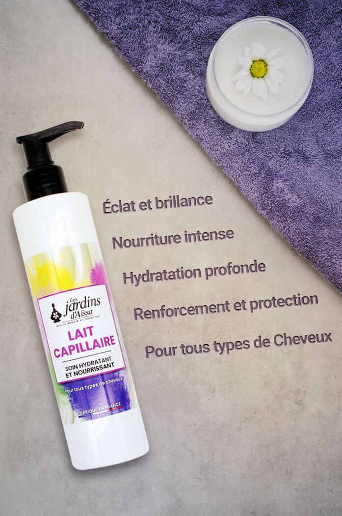 Lait capillaire bio, naturel, hydratant et nourrissant pour tous types de cheveux les jardins d'aissa points fort